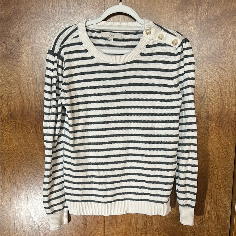 LOFT Black and White Striped Crew Neck Sweater